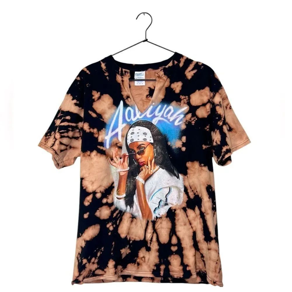 Aaliyah Graphic Band T-Shirt Bleached Tie-Dye Port & CompanyโSize M